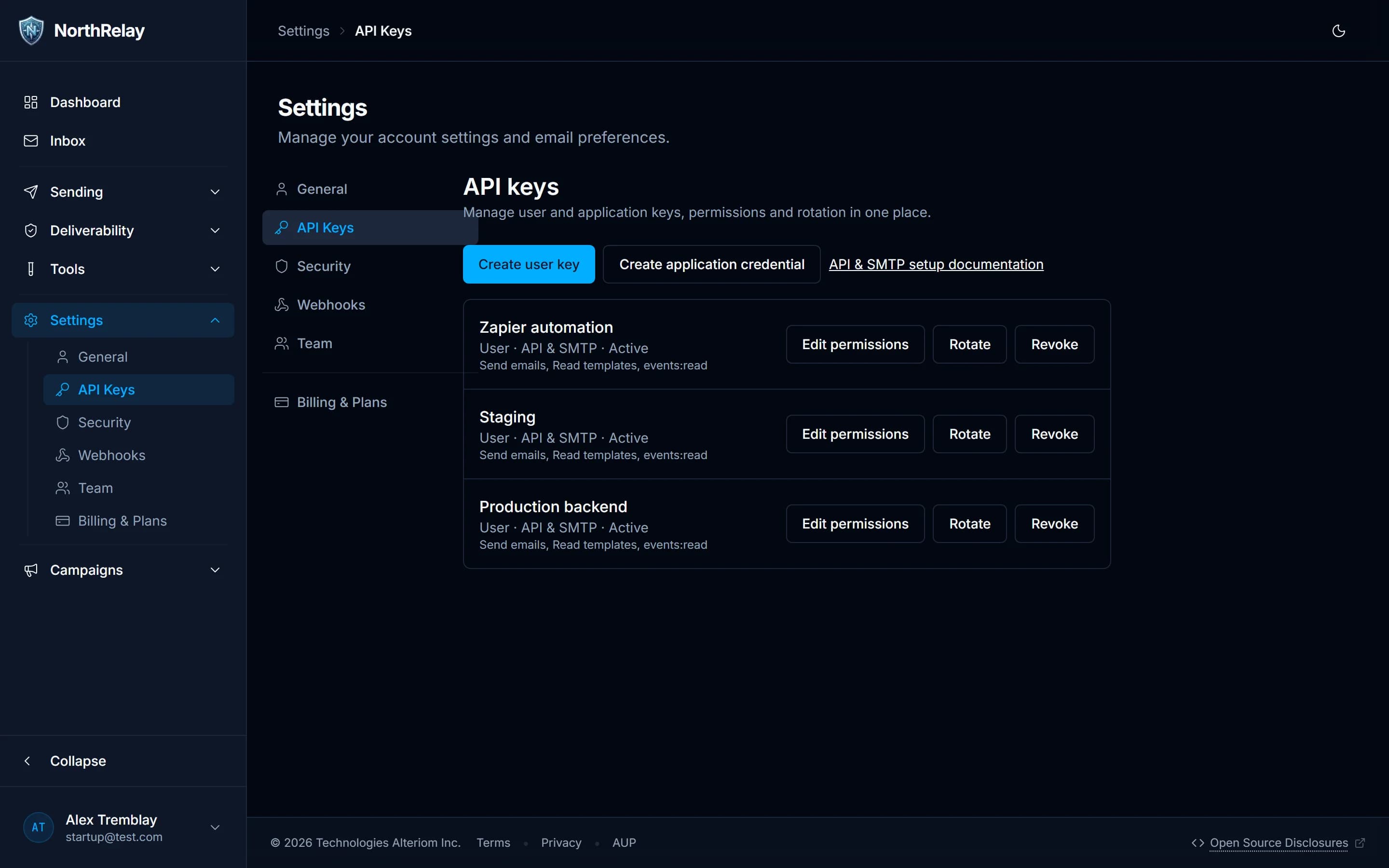 API keys page listing user keys and application credentials with per-key permissions, rotate and revoke actions