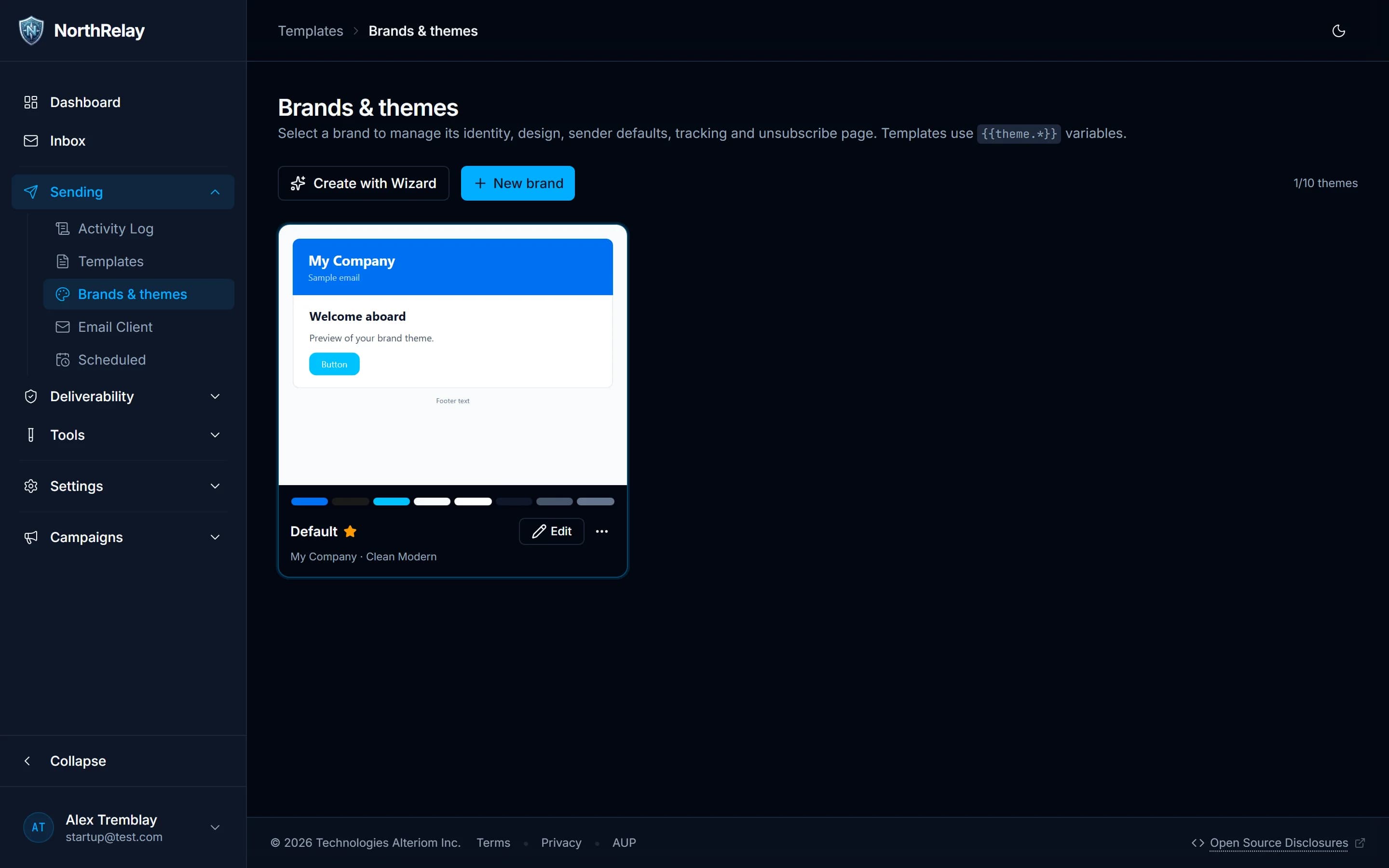Brands and themes page showing a brand card with its colour palette and a sample email preview