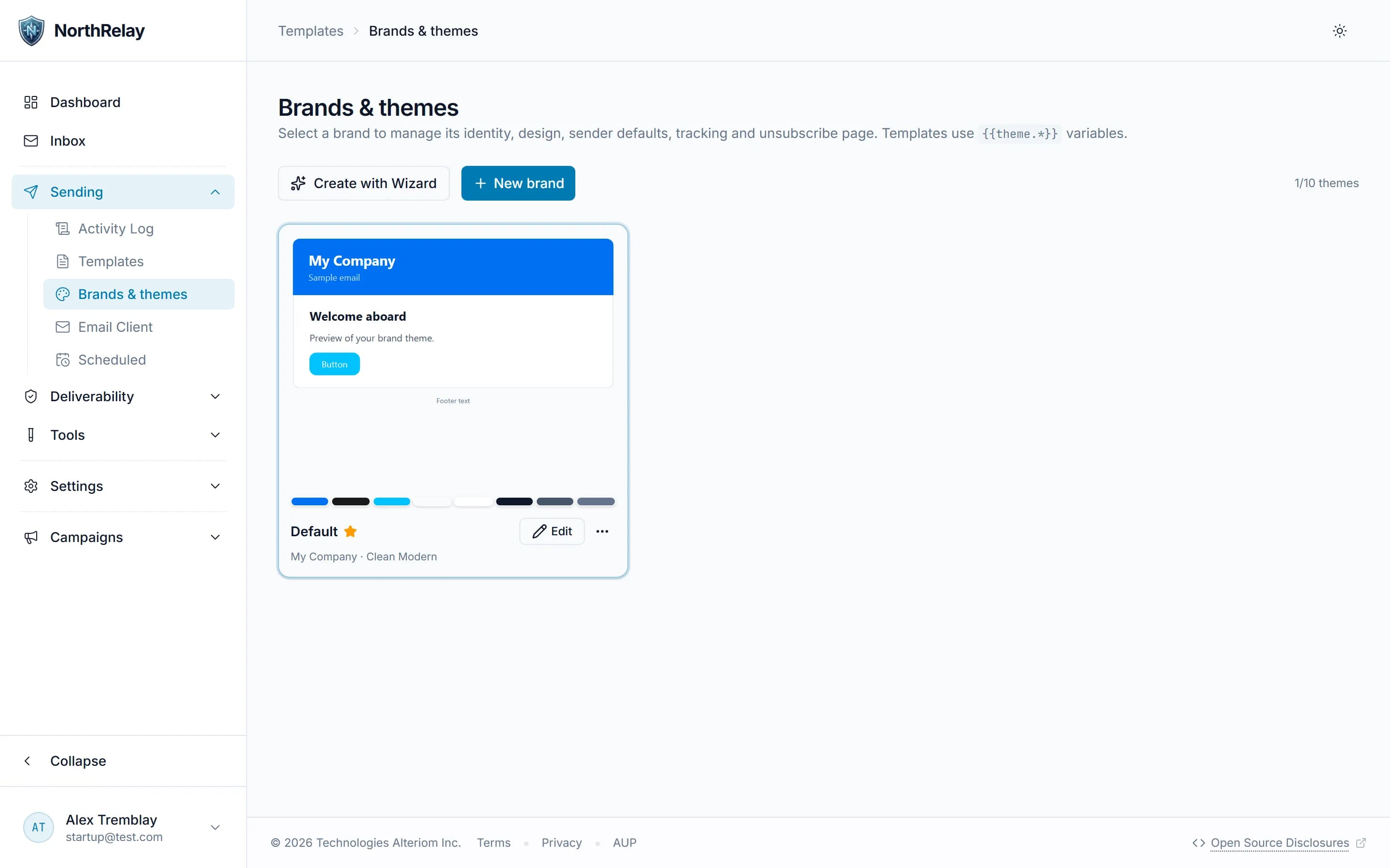 Brands and themes page showing a brand card with its colour palette and a sample email preview