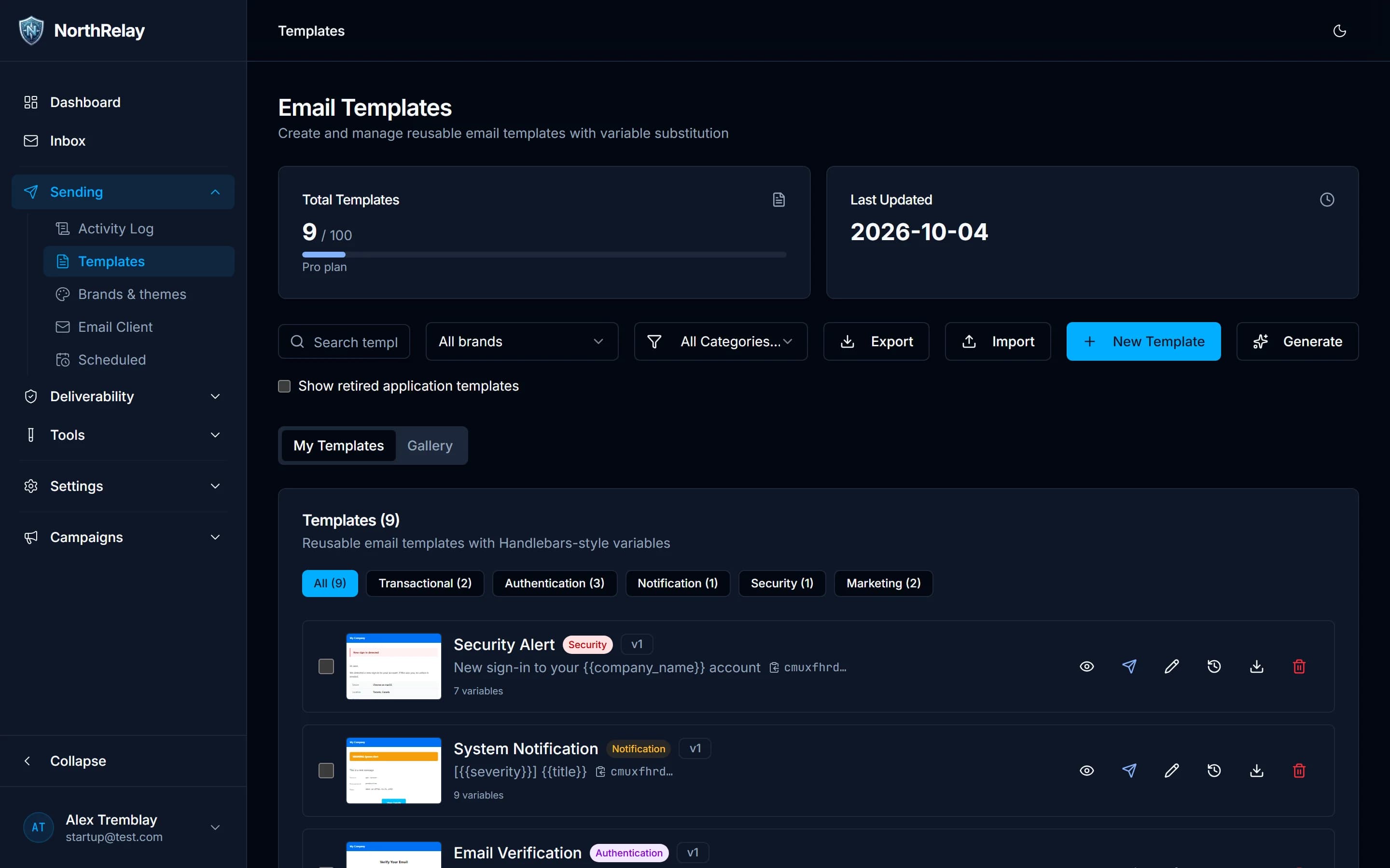 Email templates page listing categorised templates with versions, variables and preview, send, edit and history actions