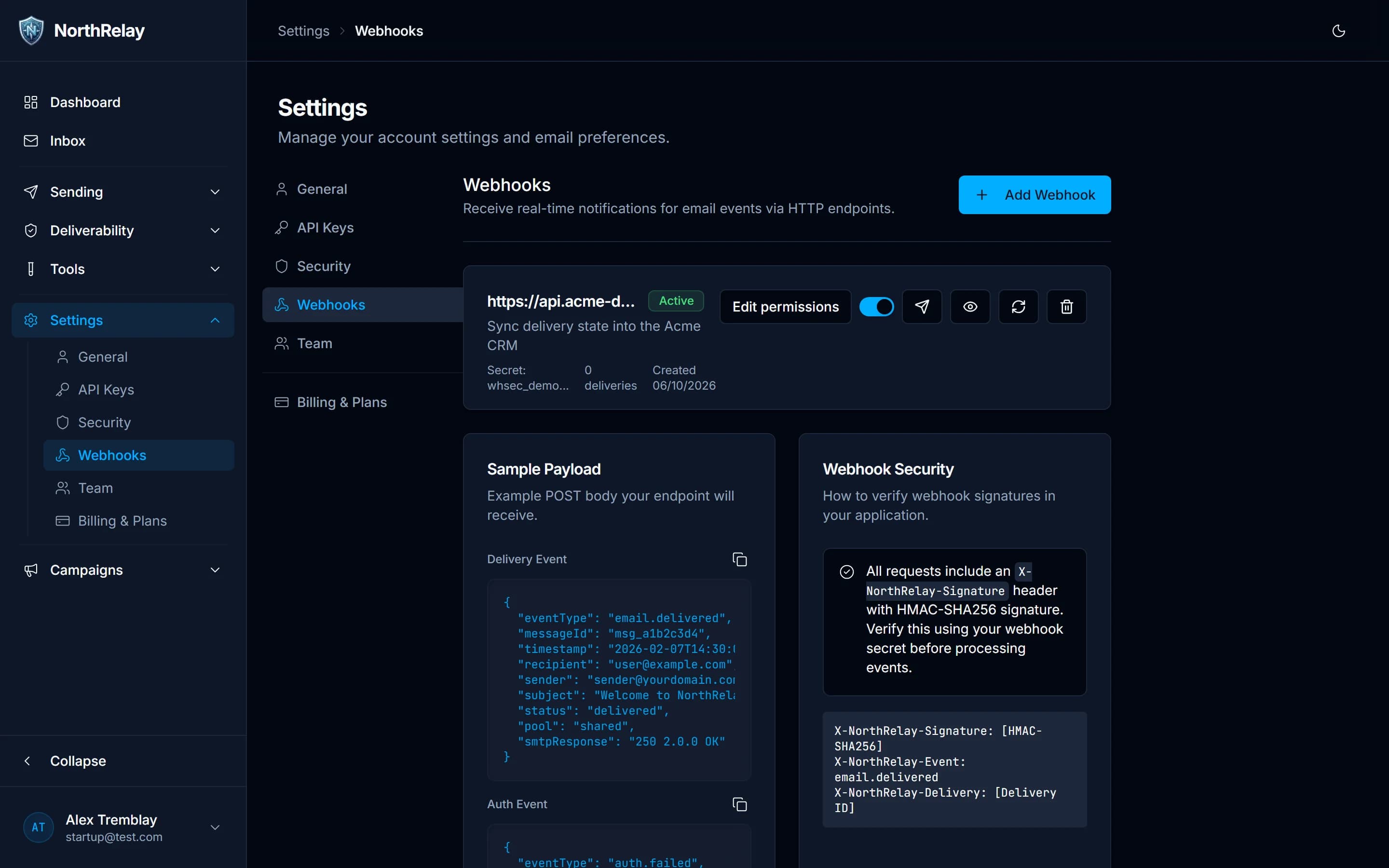 Webhooks settings page with an active endpoint, a sample delivery payload and the HMAC signature documentation